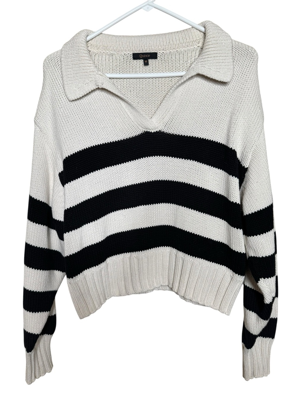Quince 100% Organic Cropped Cotton Polo Sweater Black Stripe Size M